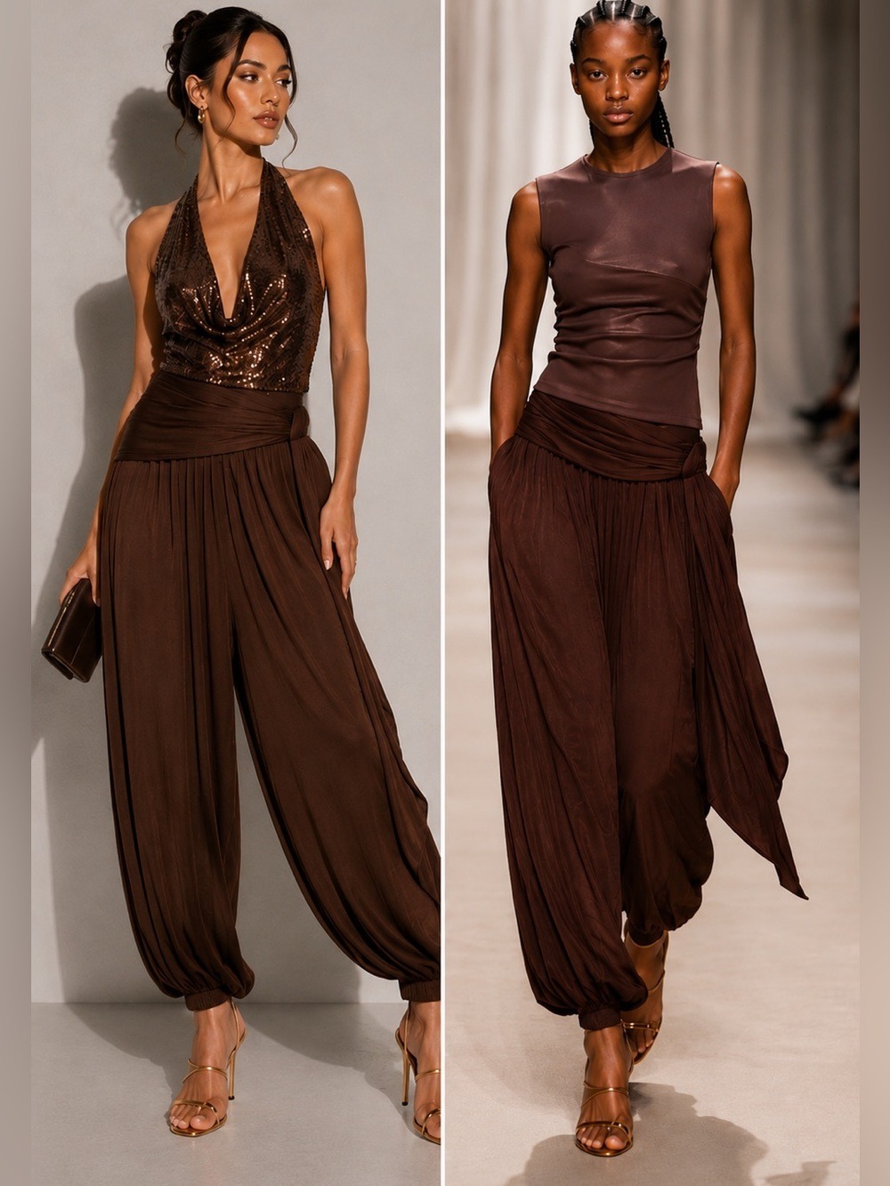 H&M Divided Brown Draped Satin Balloon Leg Harem Pants Tie Waist Sz M NWT